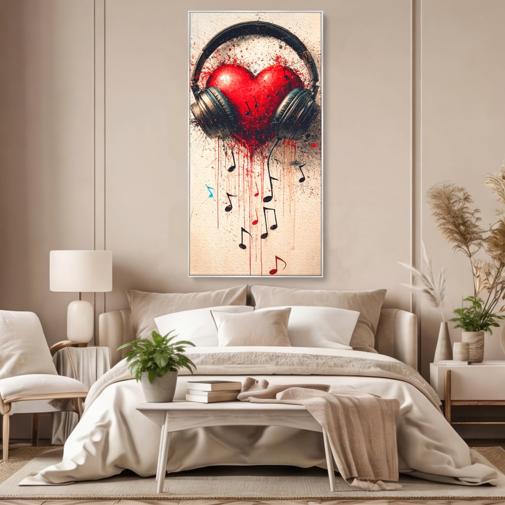 Tablou canvas cu tablou canvas cu inima rosie si casti audio, in rama de aluminiu argintiu, pe perete intr-un dormitor